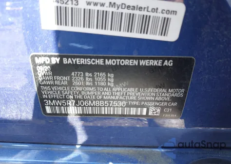 2021 BMW 330I xDrive z USA, uszkodzony, nr VIN 3MW5R7J06M8B57530